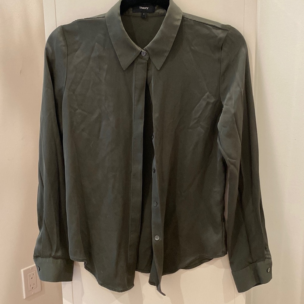 Theory Silk Button Up In Army Green - image 1